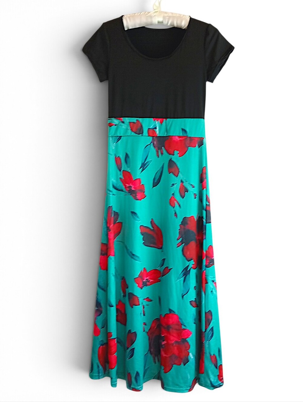 Black & Emerald Floral Maxi Dress with Red Floral Print Full Skirt Stretchy XS